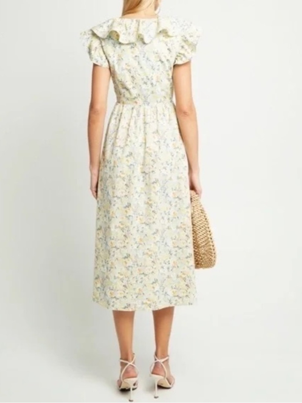 NWT O.P.T. Kate Yellow and Mint Green Floral Ruffle Flitter Sleeve Midi Dress M - Picture 4 of 12